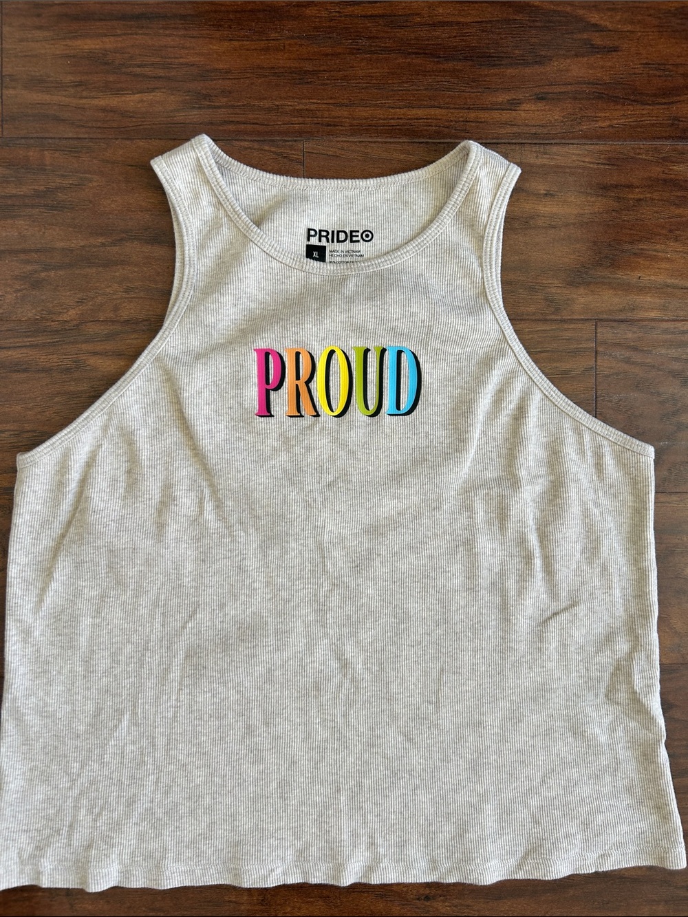 Target Cream Ribbed Tank with Multicolor "PROUD" Graphic